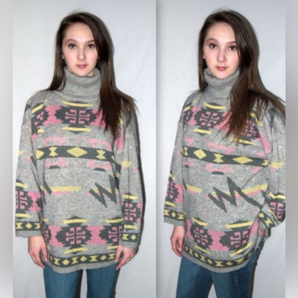 Vintage Fabrizio Southwestern Geometric Turtleneck Sweater Gray Pink Teal Large‎